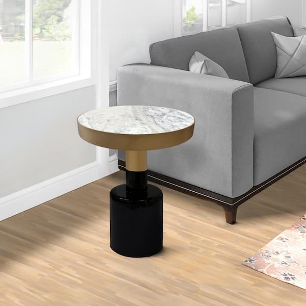 THE URBAN PORT 14 in. White, Black and Gold Round Marble Side/End Table with Metal Frame