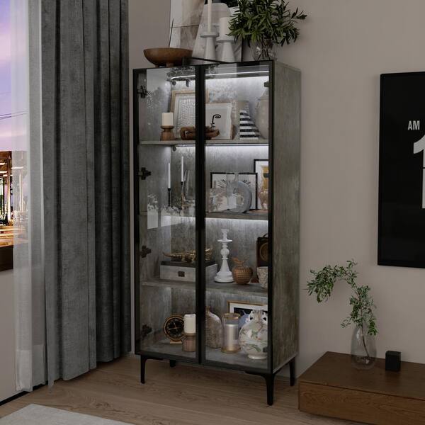 FUFU&GAGA Gray 59.3 in. H Wood Accent Storage Cabinet With 2