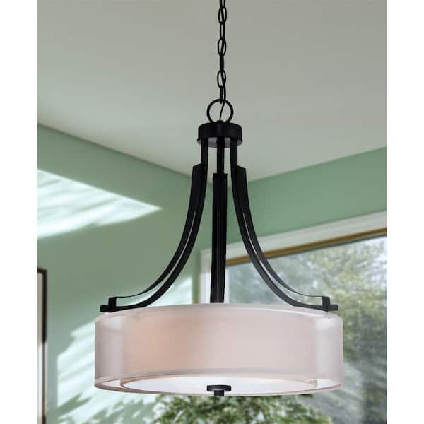 Parsons Studio 3-Light Sand Black Drum Style Pendant with Translucent Silver Linen and Etched White Glass Shade