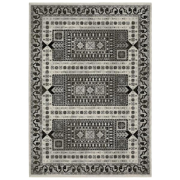 Channing Ivory/Charcoal 2 ft. x 8 ft. Tribal Geometric Medallion Polyester Fringe Edge Indoor Runner Area Rug