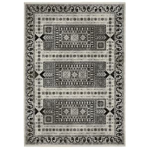 Channing Ivory/Charcoal 8 ft. x 11 ft. Tribal Geometric Medallion Polyester Fringe Edge Indoor Area Rug