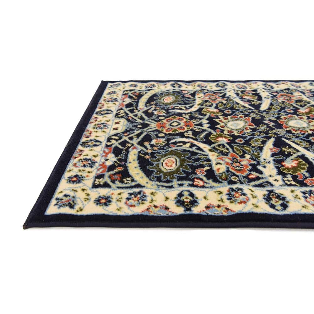 Navy Blue and Beige Floral Synthetic Runner Rug
