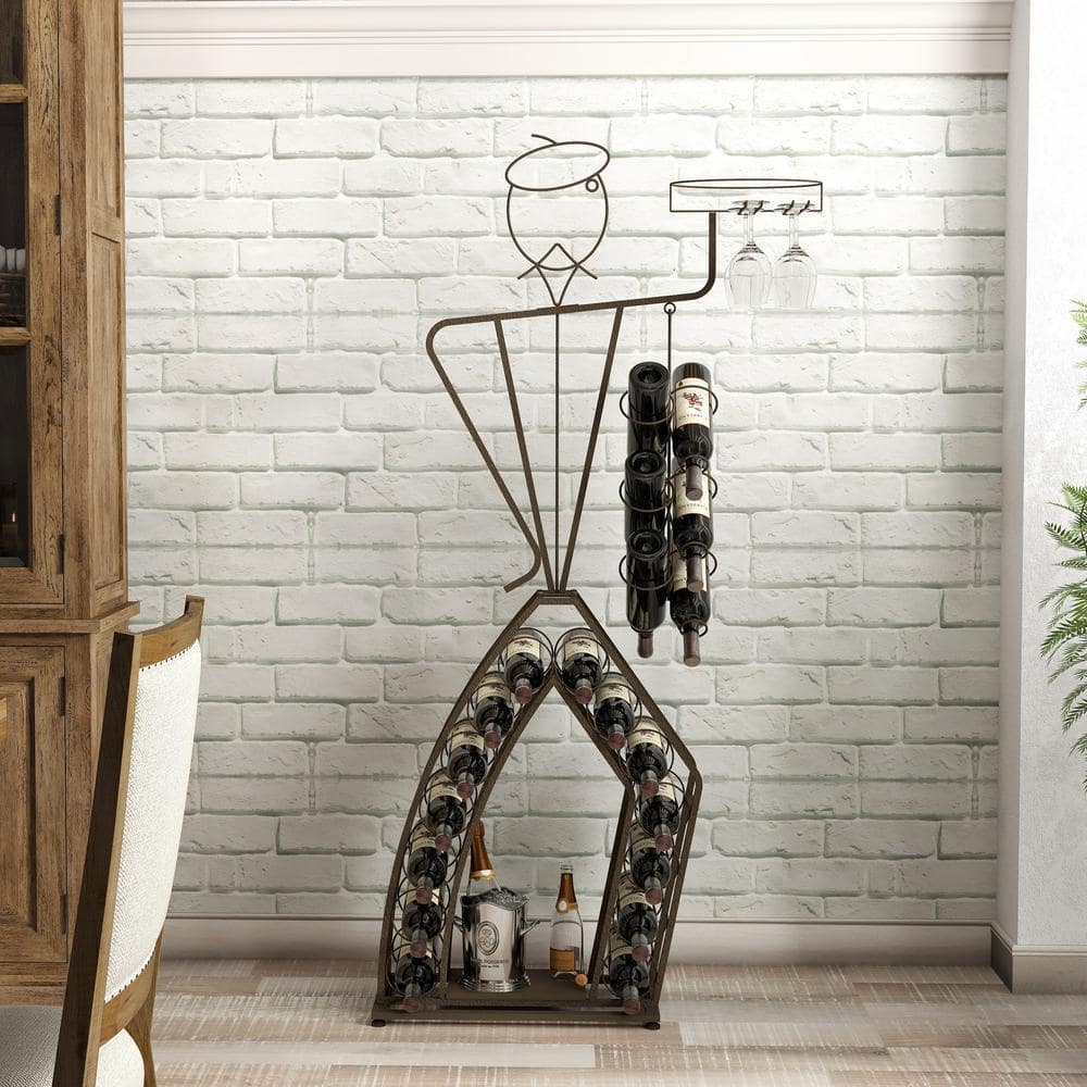 Freestanding Unique Design Wine Bakers Rack with Storage Bottle, Wine Storage Home Bar for Liquor and Wine, Brown