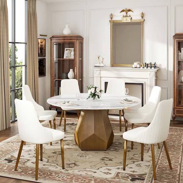 59 in. White Circular Sintered Stone Tabletop Bronze Pedestal Base Kitchen Dining Table (Seats-8)