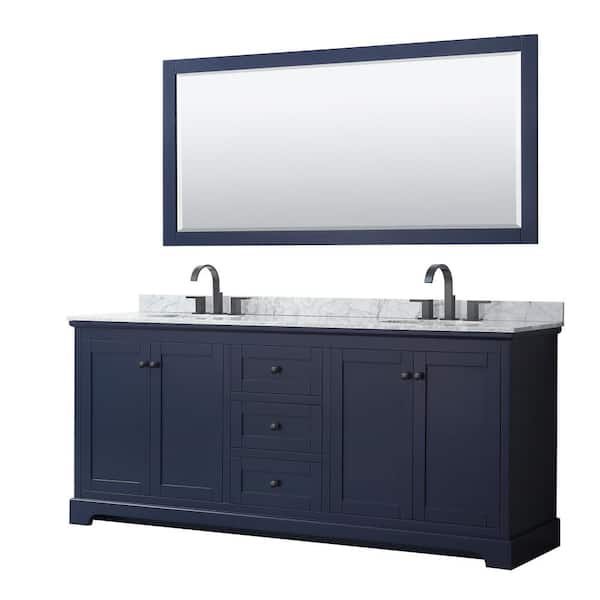 Wyndham Collection Avery 80 in. W x 22 in. D x 35 in. H Double Bath Vanity in Dark Blue with White Carrara Marble Top and 70 in. Mirror
