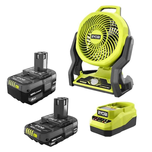 ONE+ 18V Lithium-Ion 4.0 Ah Battery, 2.0 Ah Battery, and Charger Kit with ONE+ Hybrid WHISPER SERIES 7-1/2 in. Fan