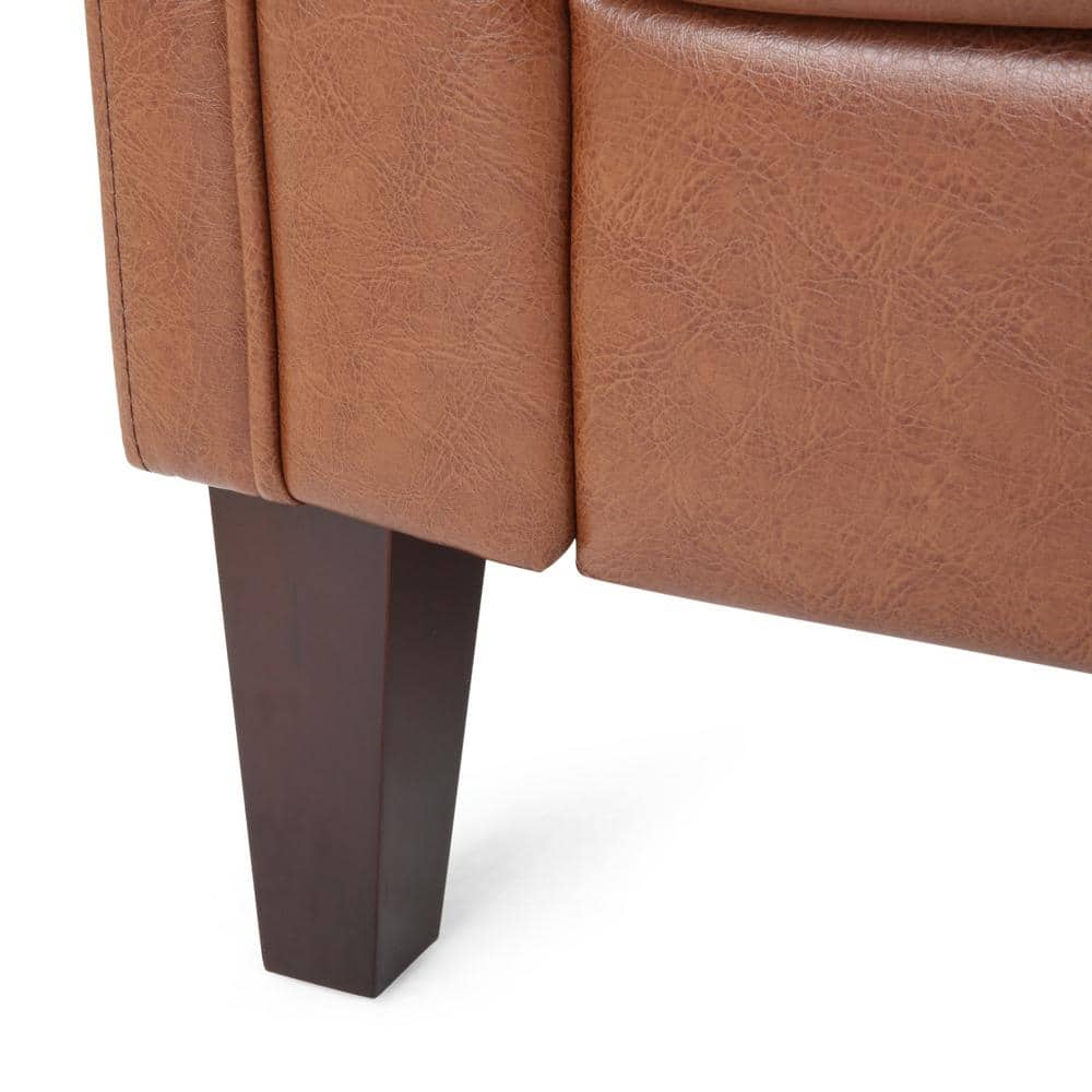 Cognac Brown Faux Leather Tufted Tuxedo Sofa with Wood Accents