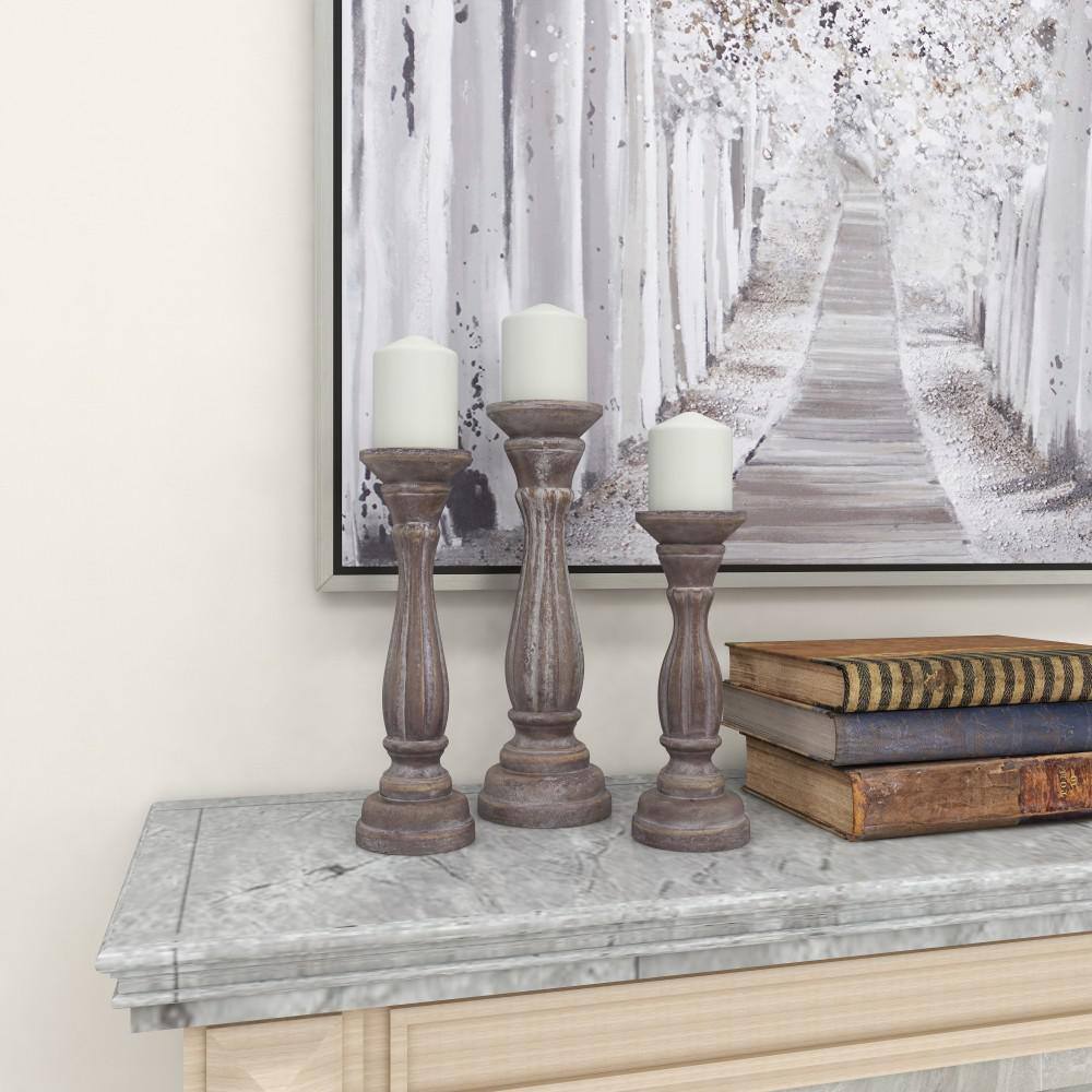 Rustic Brown Wood Ridge Embellished Candle Holder Set