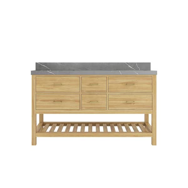 Willow Collections Parker Teak 60 in. Double Sink Freestanding Light Natural Bath Vanity with Piatra Gray Quartz Top Unassembled