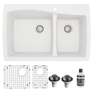 White Quartz Composite 34 in. 60/40 Double Bowl Drop-In Kitchen Sink with Bottom Grids and Strainers