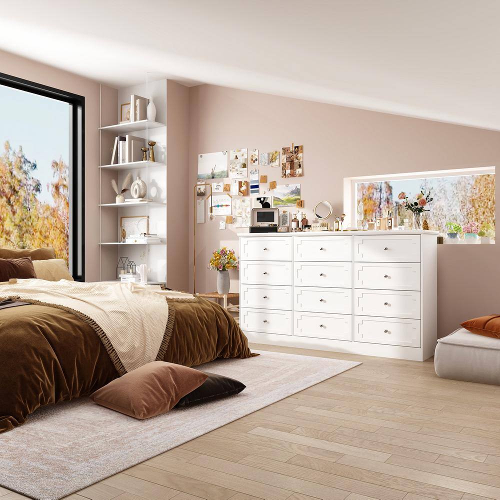 White 12-Drawers 61 in. Width x 35.4 in. Height Wooden Dresser without Mirror, Chest of Drawers with Silver Handle - thumbnail 10