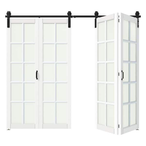 84in x 84in 10 Lite, Frosted Glass, White, MDF, Bi-Fold Style, Pre-assembled Panel Sliding Barn Door with Hardware Kit