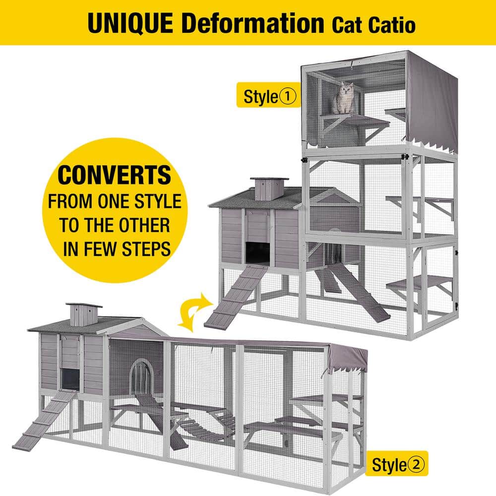 Large Gray Wooden Outdoor Cat House with Vertical Climbing Enclosure