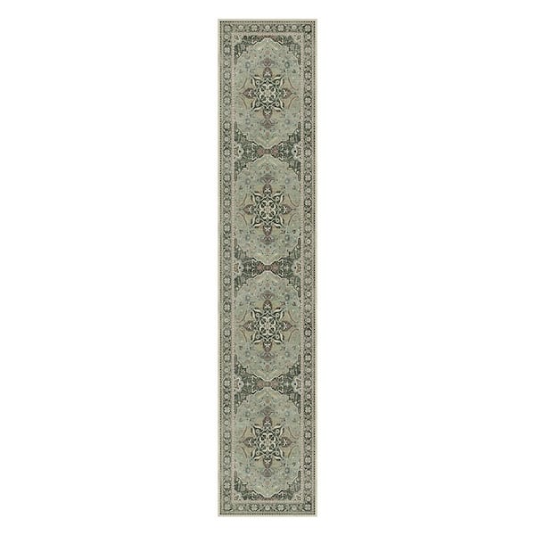 Samar Machine Washable Green 2 ft. x 10 ft. Medallion Indoor Area Rug