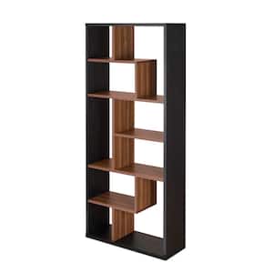71 in. Black/Walnut Faux Wood 10-shelf Etagere Bookcase with Open Back