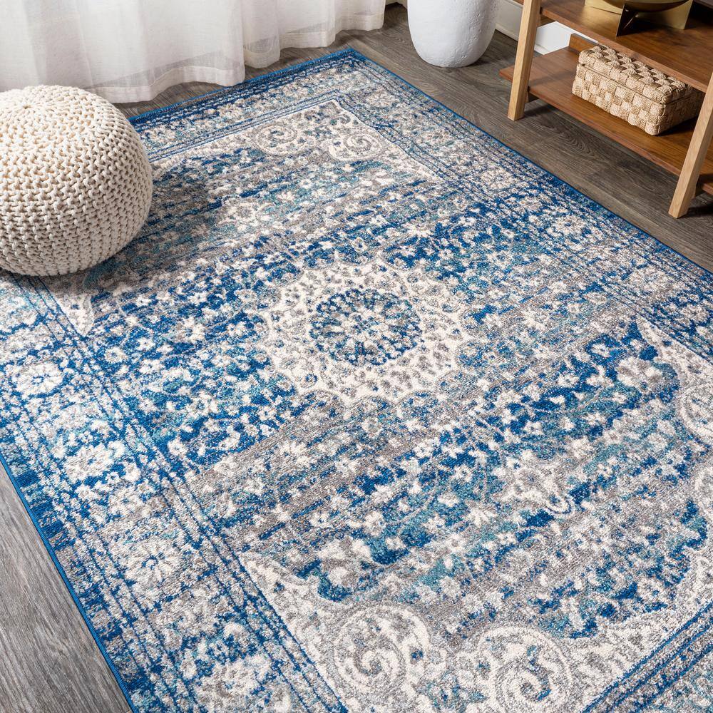 Blue and Dark Gray Medallion Synthetic 4' x 6' Area Rug
