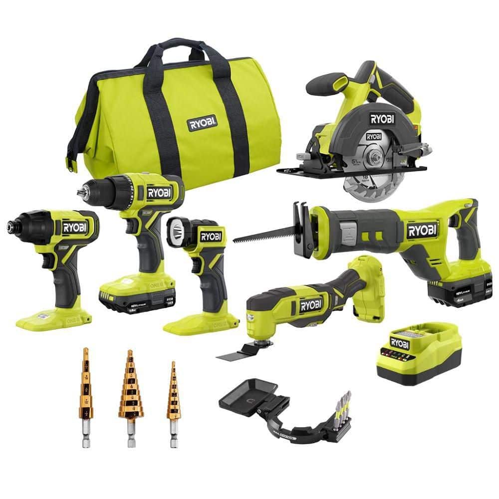 Ryobi ONE+ 18V Cordless 6-Tool Combo Kit with (2) Batteries, Charger, Step Drill Bit Set (3-Pieces), and Accessories