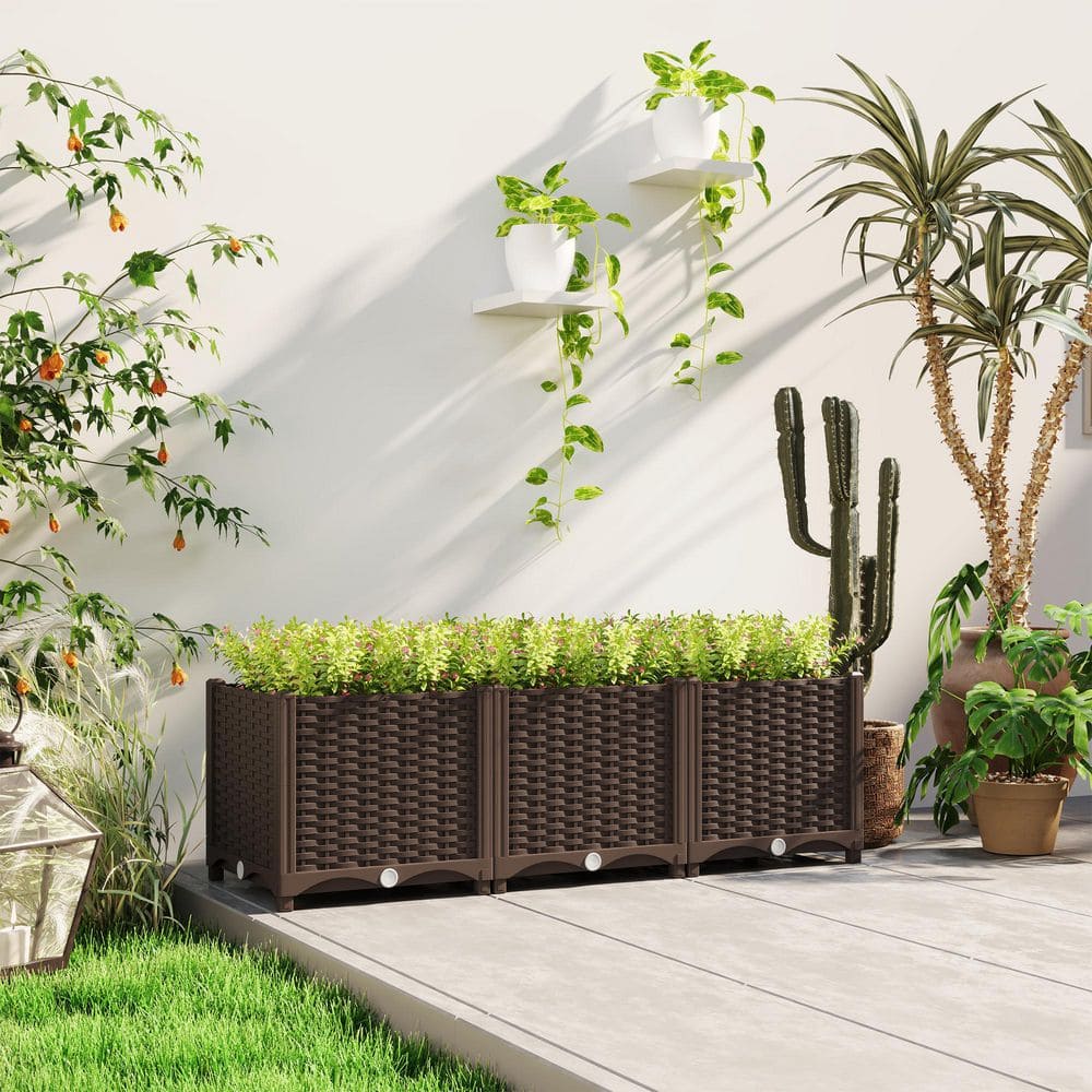 Brown Wicker Plastic Raised Garden Bed with Drainage Holes