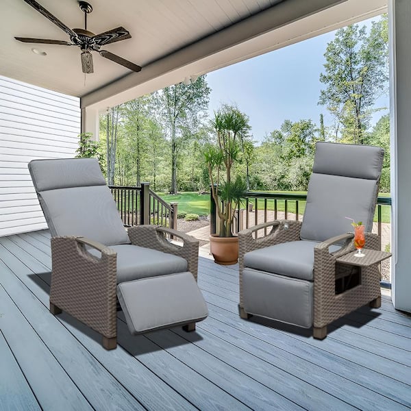 Unbranded Wicker Outdoor Adjustable Recliner, Patio Lounge Chair with Flip Table and Removable Gray Cushions for Garden, Poolside