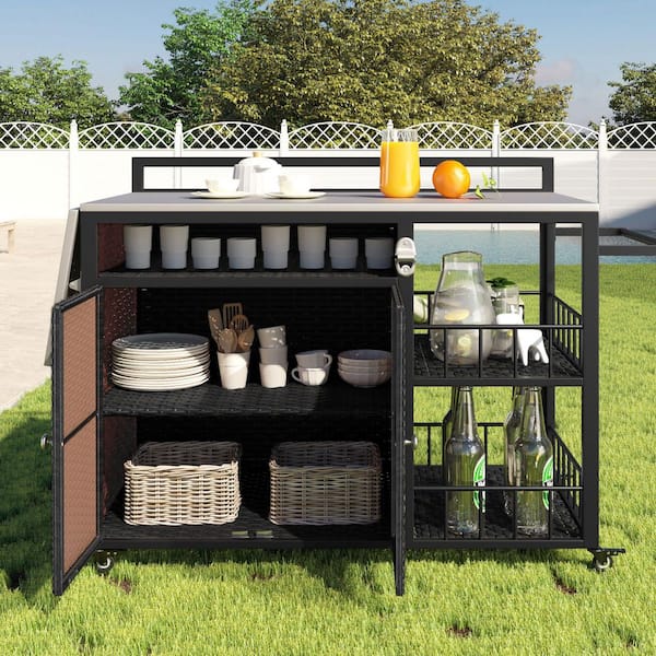Dark Brown Outdoor Steel Top 63.5 in. Kitchen Island with Foldable Side Tabletop, Ample Storage Space, Bottle Opener