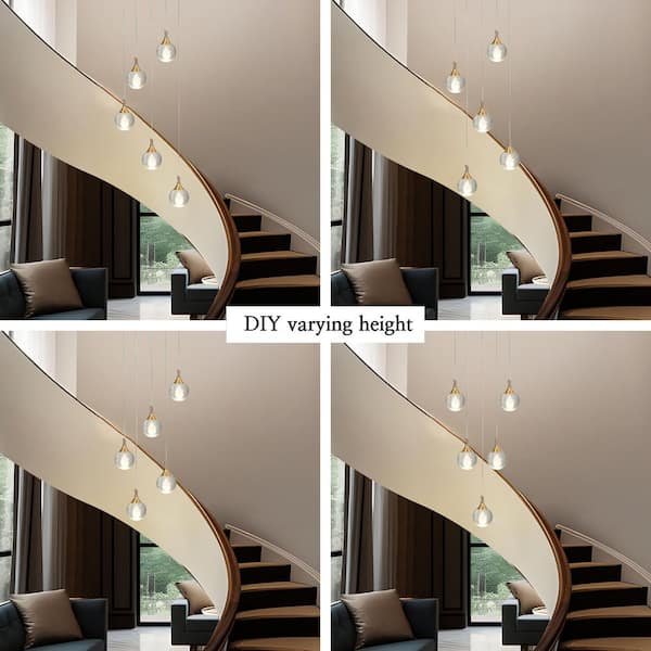 Dsenlupor 5-Light Integrated LED Brass Island Chandelier with Inner Carved Glass Balls for Staircase Foyer Living Room