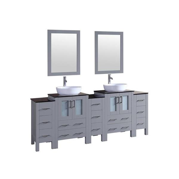 Bosconi Bosconi 84 in. W Double Bath Vanity in Gray with Vanity Top in Black with White Basin and Mirror