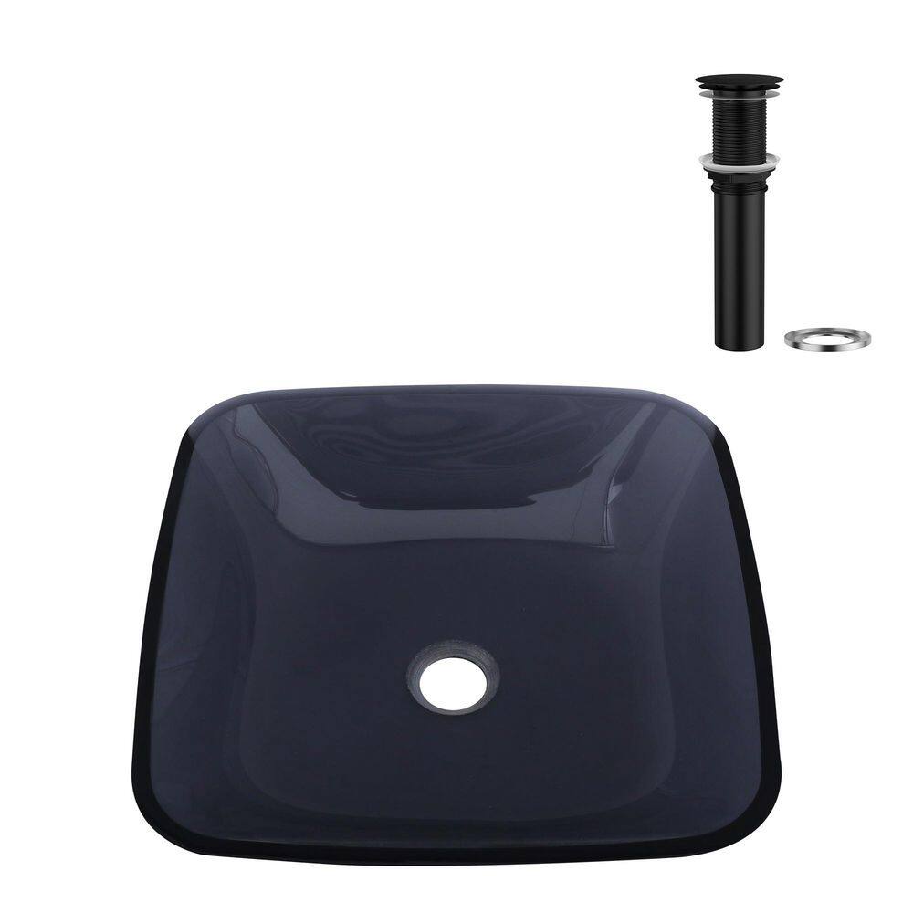 16 in. x 16 in. Black Clear Glass Rectangular Vessel Bathroom Sink with Black Pop-up Drain price history on PriceWatchPro