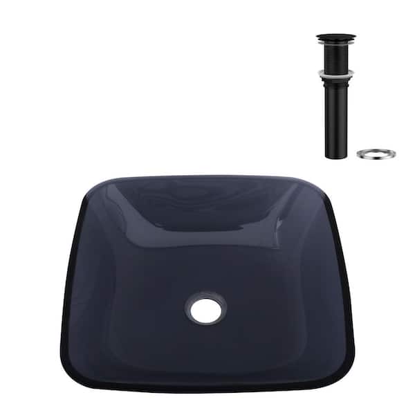 16 in. x 16 in. Black Clear Glass Rectangular Vessel Bathroom Sink with Black Pop-up Drain