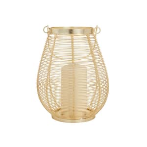 11 in. H Gold Metal Decorative Candle Lantern with Thin Metal Handle