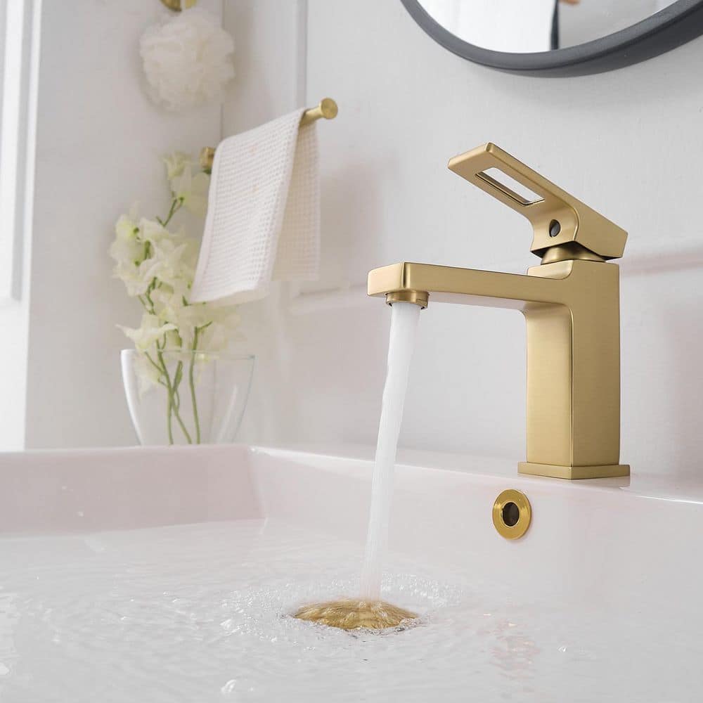 Brushed Gold Single-Handle Low-Arc Bathroom Faucet with Drain