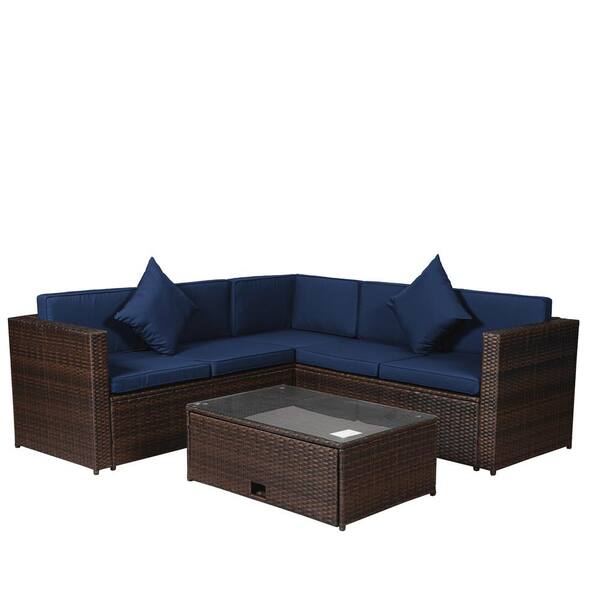 Mondawe Simpicity Ins Brown 4 Piece Pe Rattan Wicker Outdoor Garden Patio Furniture Sectional Navy Cushioned Sofa Sets Or 5s002 Bee Navy Cushioned Sofa Sets, Navy Outdoor Furniture