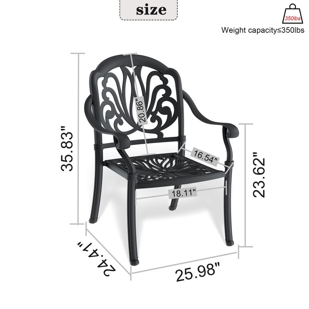 Matte Black Cast Aluminum Dining Chairs with Cushions, Set of 6