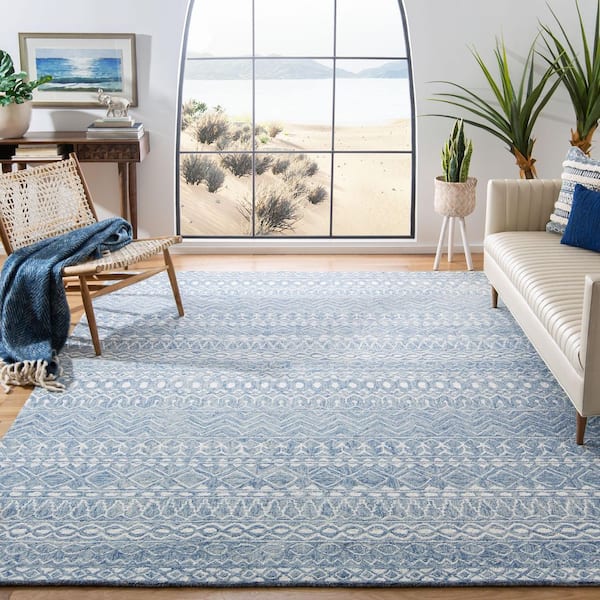 Micro-Loop Blue/Ivory 10 ft. x 14 ft. Distressed Tribal Area Rug
