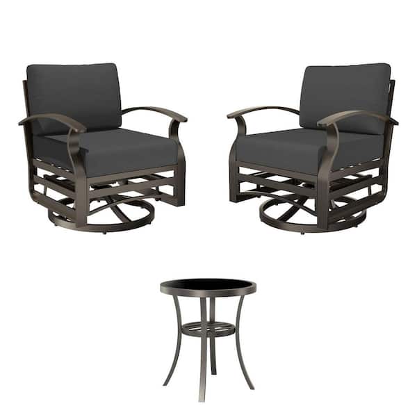 3-Piece Aluminum Swivel Outdoor Rocking Chairs Patio Conversation Set with Black Cushions and Table, Garden, Backyard