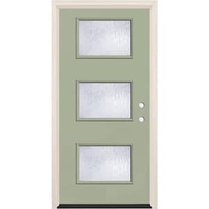 36 in. x 80 in. Left-Hand/Inswing 3-Lite Rain Glass Cypress Painted Fiberglass Prehung Front Door w/6-9/16 in. Frame