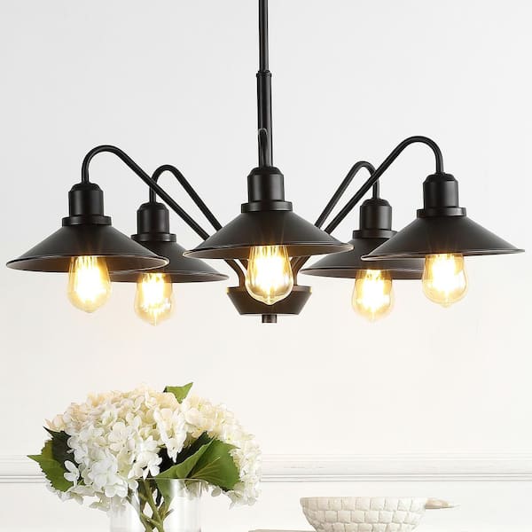 JONATHAN Y Cole 27" 5-Light Metal Farmhouse Industrial LED Chandelier, Oil Rubbed Bronze