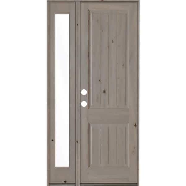 Krosswood Doors 44 in. x 96 in. Rustic Knotty Alder Right-Hand/Inswing Clear Glass Grey Stain Wood Prehung Front Door with Left Sidelite