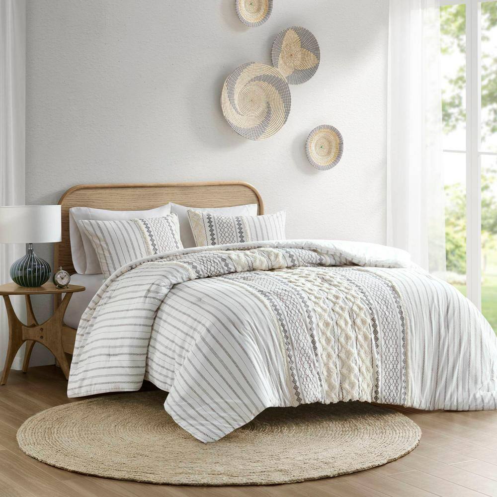 Ivory King Cotton Reversible Comforter Set with Chenille