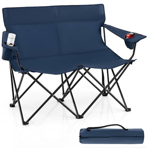 Oversized Double Camping Chair 2-Person Outdoor Heavy Duty Lawn Chair with Armrests and Cup Holders Blue