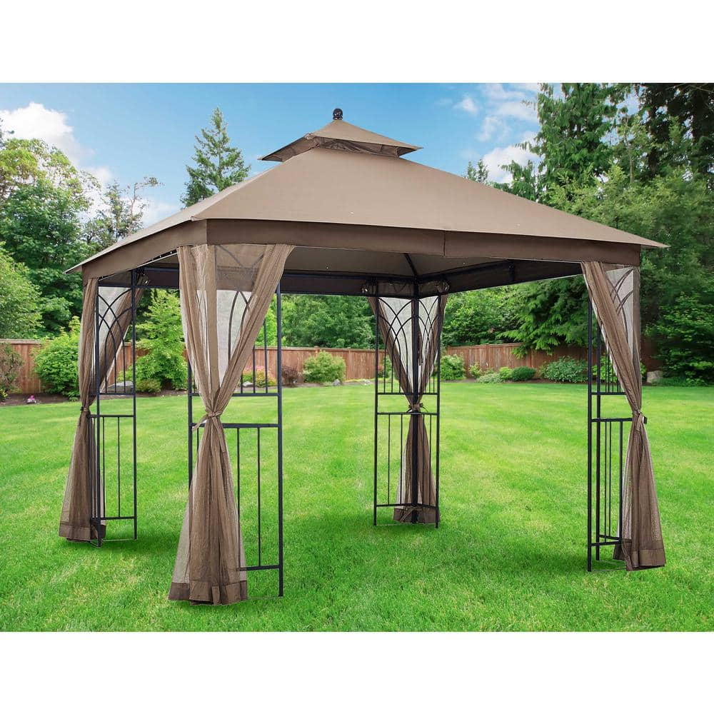 Tenleaf 10 ft. x 10 ft. Light Gray Patio Gazebo with Mosquito Net and  Corner Shelves VM713-11 - The Home Depot