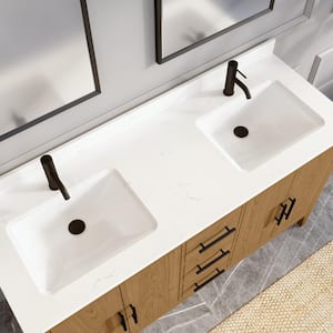 Vienna 60 in. W x 22 in. D Bath Vanity in White Oak Diamond Quartz Top with White Sink Power Bar and Drawer Organizer