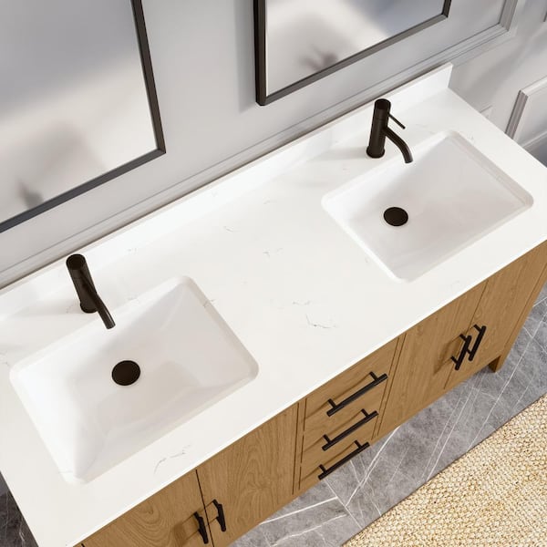 Vienna 60 in. W x 22 in. D Bath Vanity in White Oak Diamond Quartz Top with White Sink Power Bar and Drawer Organizer