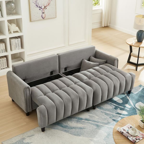 Hestia Modern 82.68 in. Gray Polyester Upholstered Convertible Sleeper Full Sofa Bed with Adjustable Backrest, Pillows