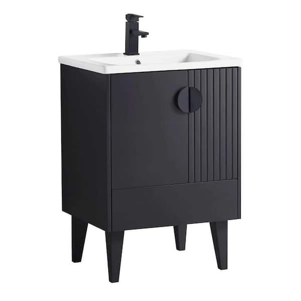 FINE FIXTURES Venezian 24 in. W x 18.11 in. D x 33 in. H Bathroom Vanity Side Cabinet in Black Matte with White Ceramic Top