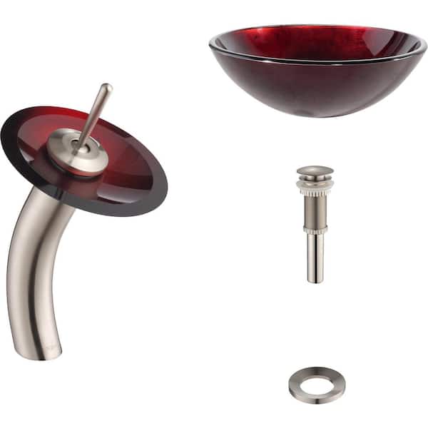 KRAUS Irruption Glass Vessel Sink in Red with Single Hole Single-Handle Low-Arc Waterfall Faucet in Satin Nickel