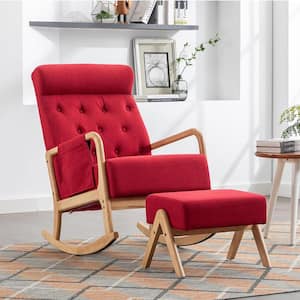 Mid-Century Modern Red Upholstered Fabric Rocking Chair Nursery With Ottoman Set of 2 with Thick Padded Cushion