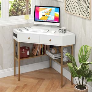 39.5 in. Corner Golden and White Wood 2-Drawer Desk with Built-in Charging Station