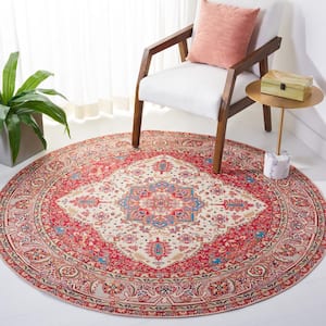 Tuscon Red/Beige 6 ft. x 6 ft. Machine Washable Medallion Floral Round Area Rug