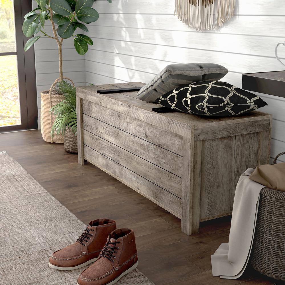 Weathered Oak Farmhouse Storage Bench with Slide Top