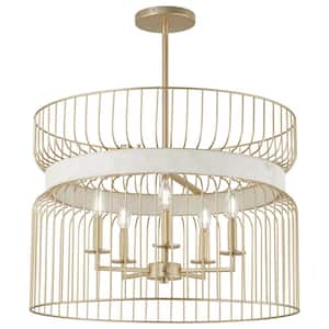 Park Slope 60-Watt 5-Light Nouveau Gold Cage Pendant Light with Faux Alabaster Ring and No Bulbs Included